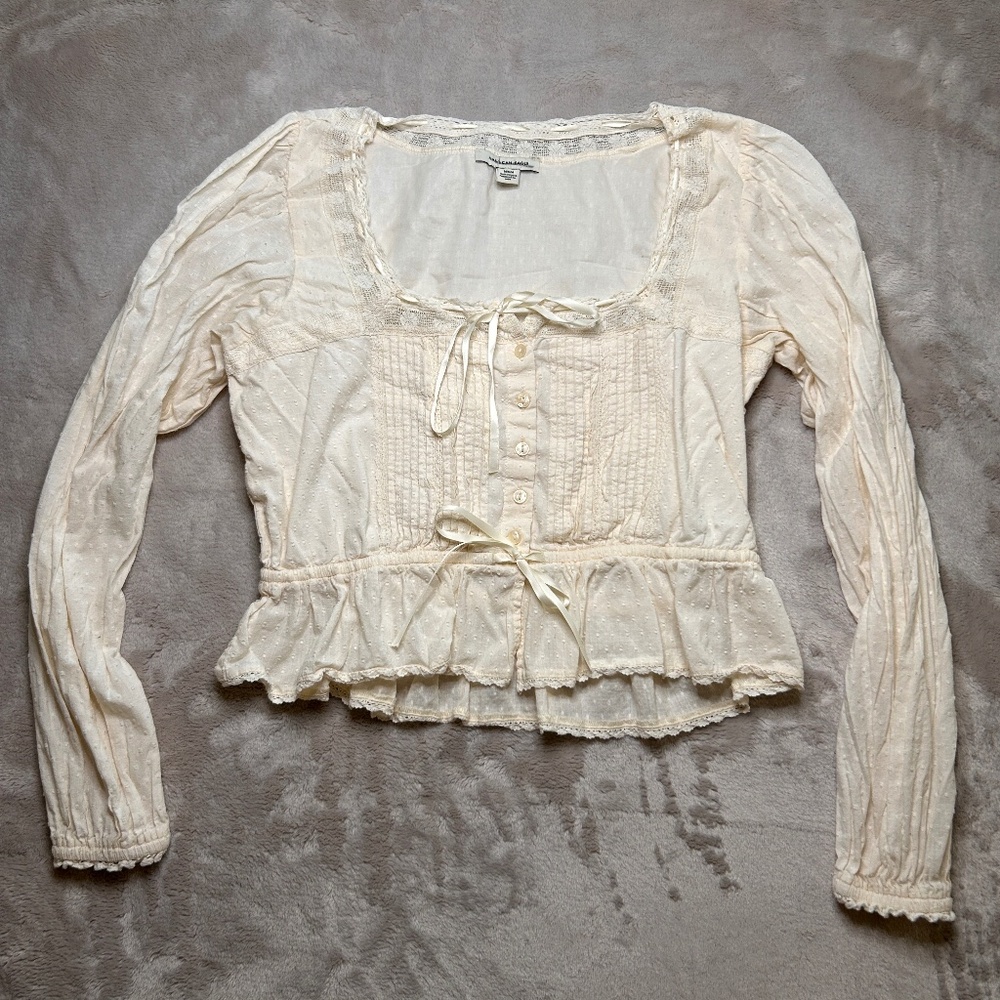 American Eagle‎ Top Womens M Coquette Milkmaid Cottagecore Peasant Cropped Lace